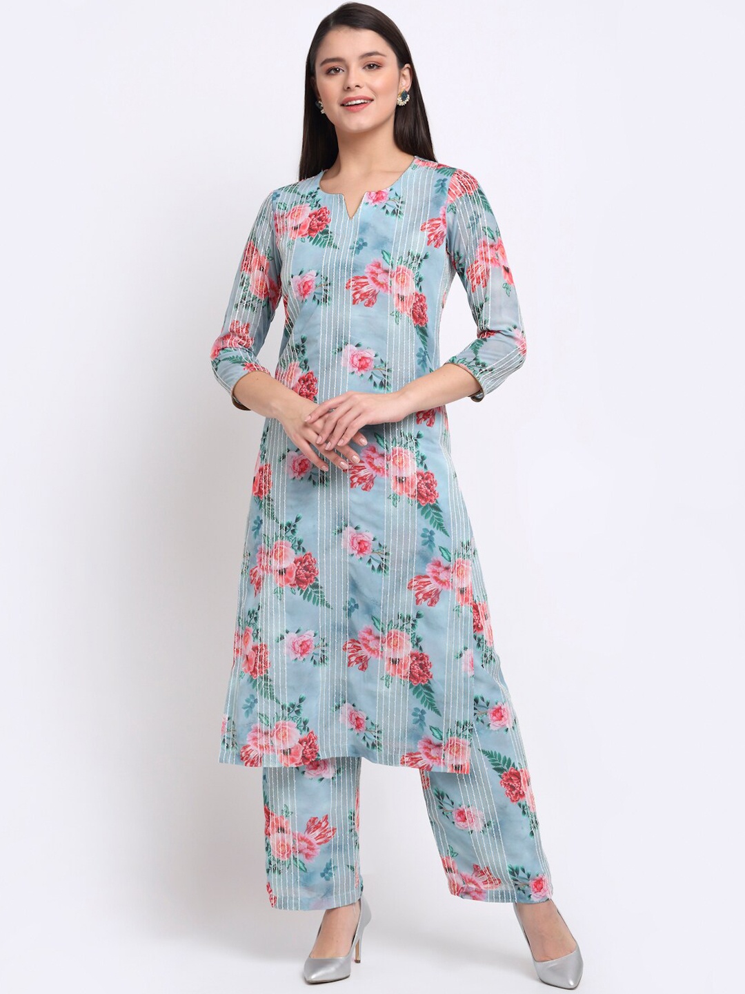 anokherang Women Sea Green Floral Printed Thread Work Silk Georgette Kurta with Palazzos
anokherang Women Sea Green Floral Printed Thread Work Silk Georgette Kurta with Palazzos