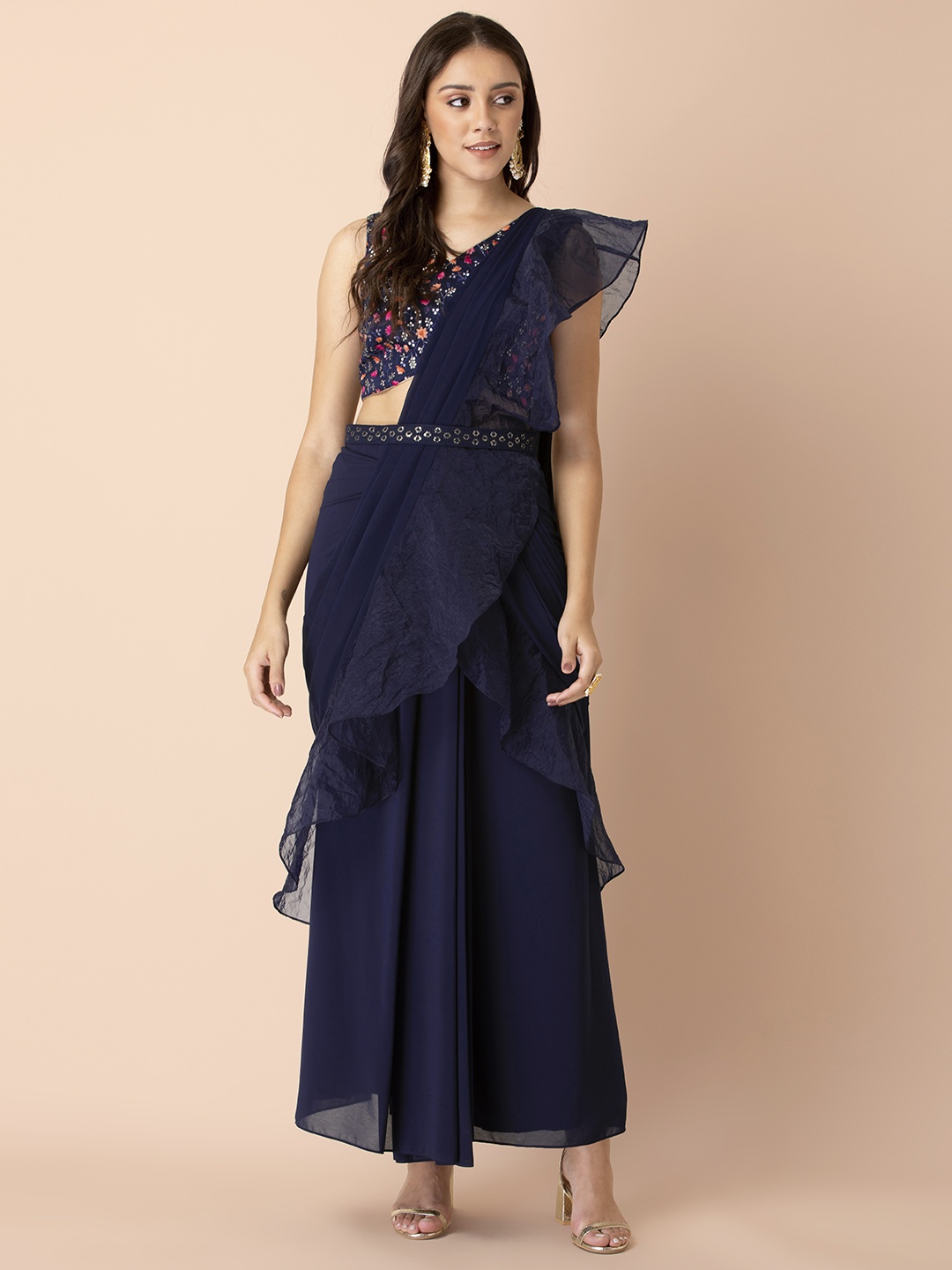 INDYA X Shraddha Kapoor Blue & Gold-Toned Ruffled Ready to Wear Saree with Attached Belt
INDYA X Shraddha Kapoor Blue & Gold-Toned Ruffled Ready to Wear Saree with Attached Belt