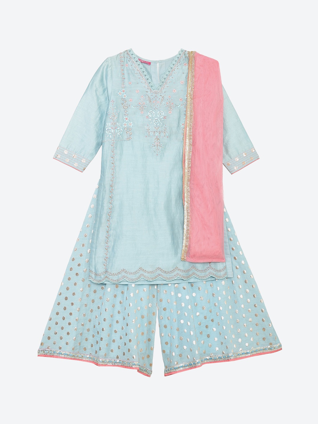 Biba Girls Turquoise Blue & Pink Floral Embroidered Printed Kurti with Palazzos & Dupatta
Biba Girls Turquoise Blue & Pink Floral Embroidered Printed Kurti with Palazzos & Dupatta