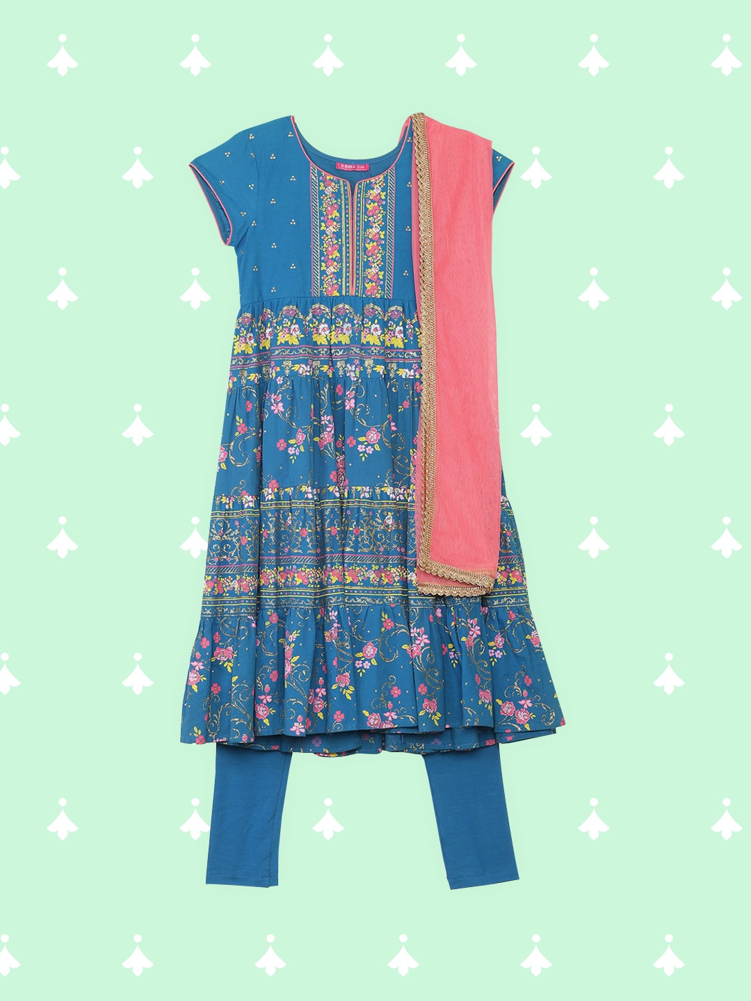 Biba Girls Blue & Peach-Coloured Floral Printed Pure Cotton Kurta with Churidar & Dupatta
Biba Girls Blue & Peach-Coloured Floral Printed Pure Cotton Kurta with Churidar & Dupatta
