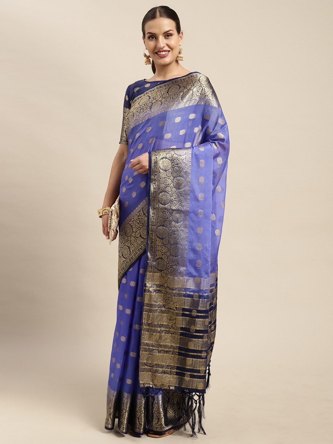 Mitera Blue & Golden Ethnic Motifs Silk Blend Saree