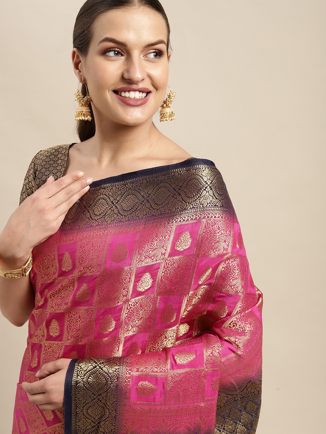Mitera Pink & Golden Ethnic Motifs Silk Blend Saree