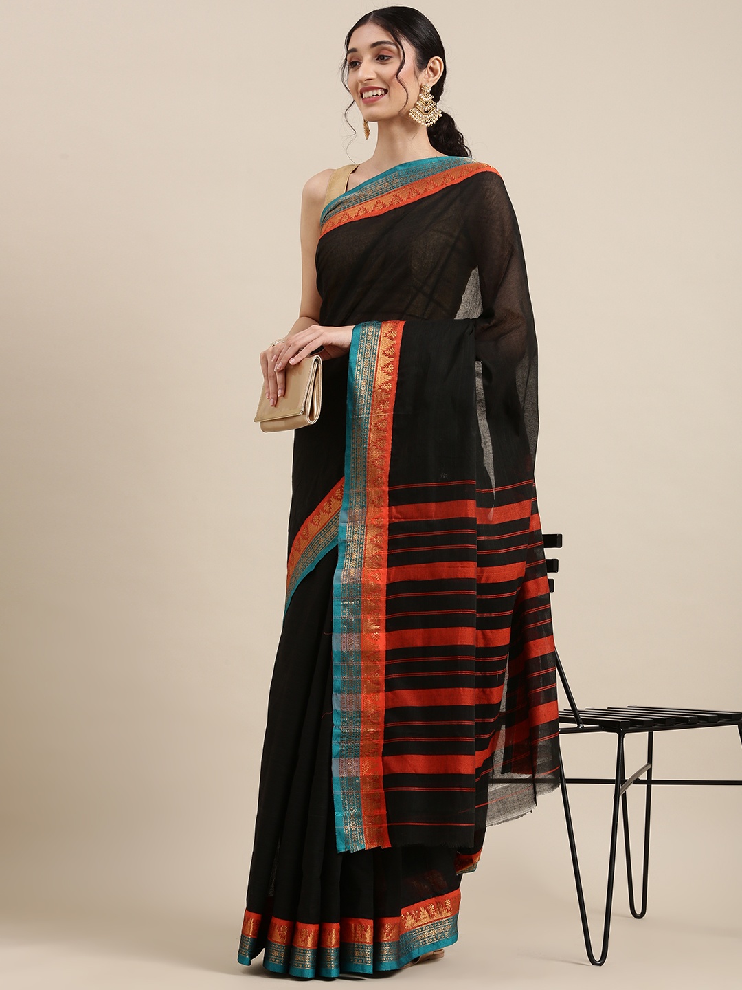 KALINI Black & Green Pure Cotton Saree