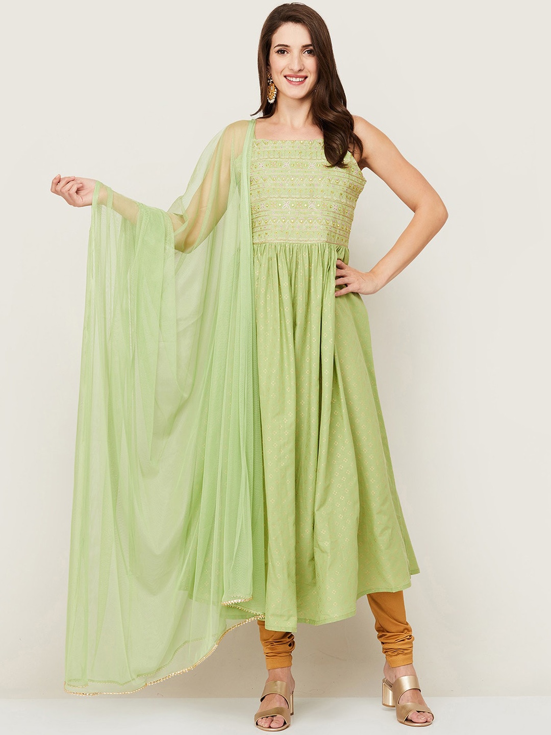Melange by Lifestyle Women Lime Green Printed Anarkali Kurta with Churidar & With Dupatta
Melange by Lifestyle Women Lime Green Printed Anarkali Kurta with Churidar & With Dupatta
