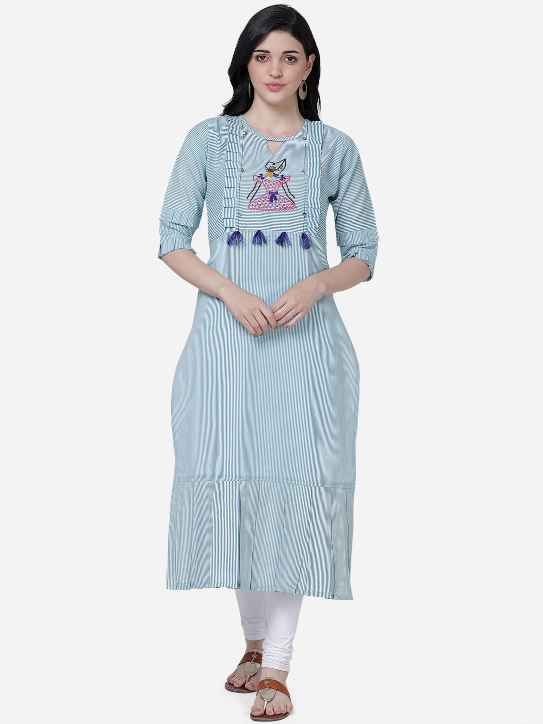KALINI Women Blue Yoke Design Thread Work Kurta With Tassells
