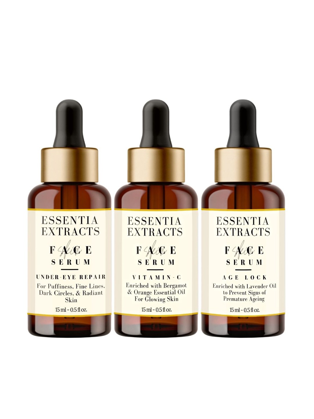 ESSENTIA EXTRACTS Set of Under Eye Repair-Age-Lock-Vitamin C Face Serums - 15 ml Each, Off white
ESSENTIA EXTRACTS Set of Under Eye Repair-Age-Lock-Vitamin C Face Serums - 15 ml Each, Off white
