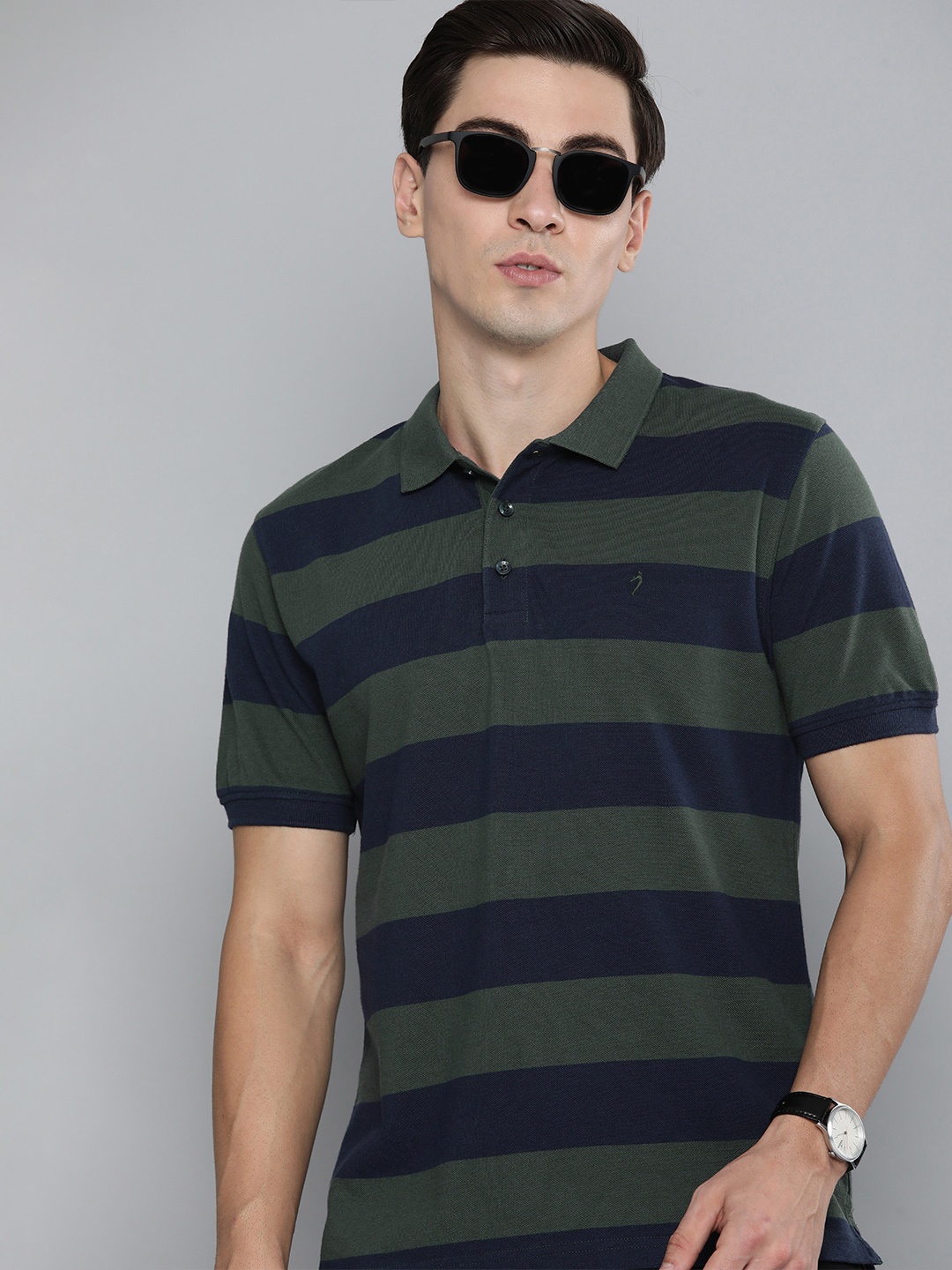 Indian Terrain Men Green & Navy Blue Striped Polo Collar Pure Cotton T-shirt