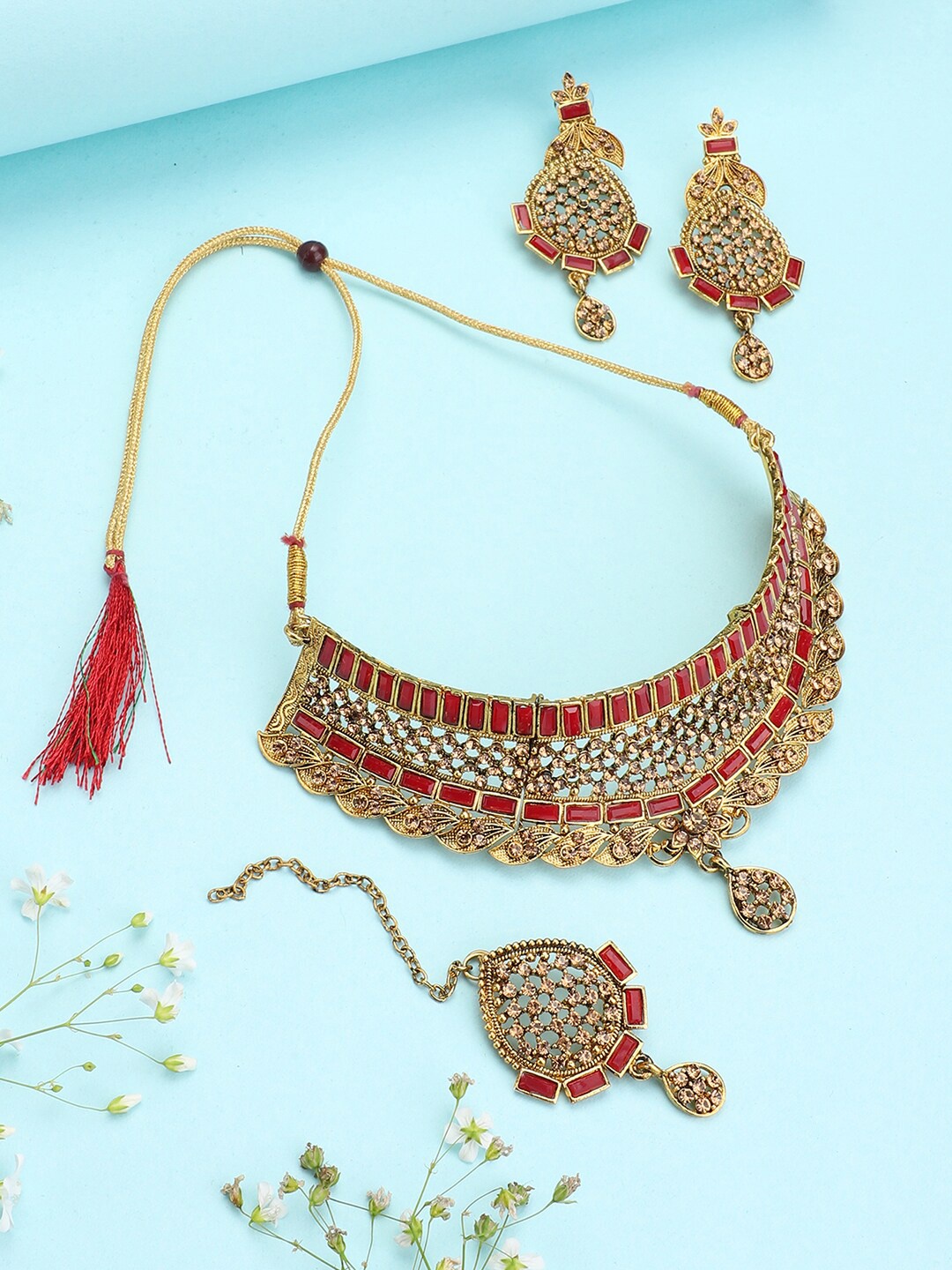 ANIKAS CREATION Maroon Gold-Plated Crystal Studded Traditional Choker Jewellery Set
ANIKAS CREATION Maroon Gold-Plated Crystal Studded Traditional Choker Jewellery Set