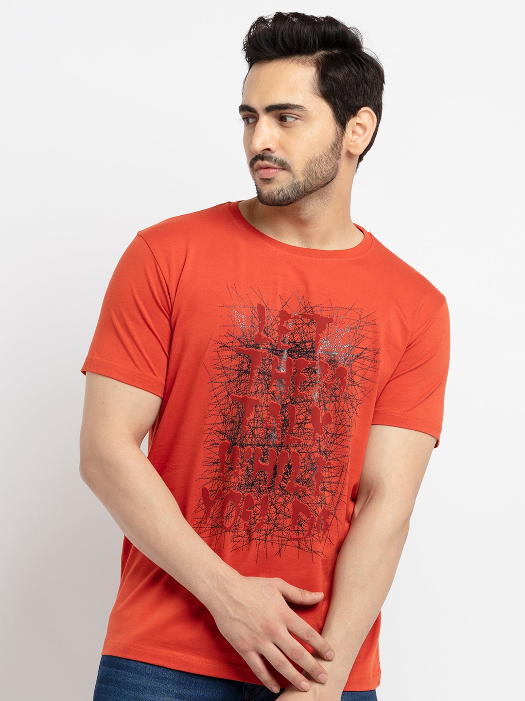 Status Quo Men Plus Size Rust Typography Printed Cotton Regular Fit T-shirt
