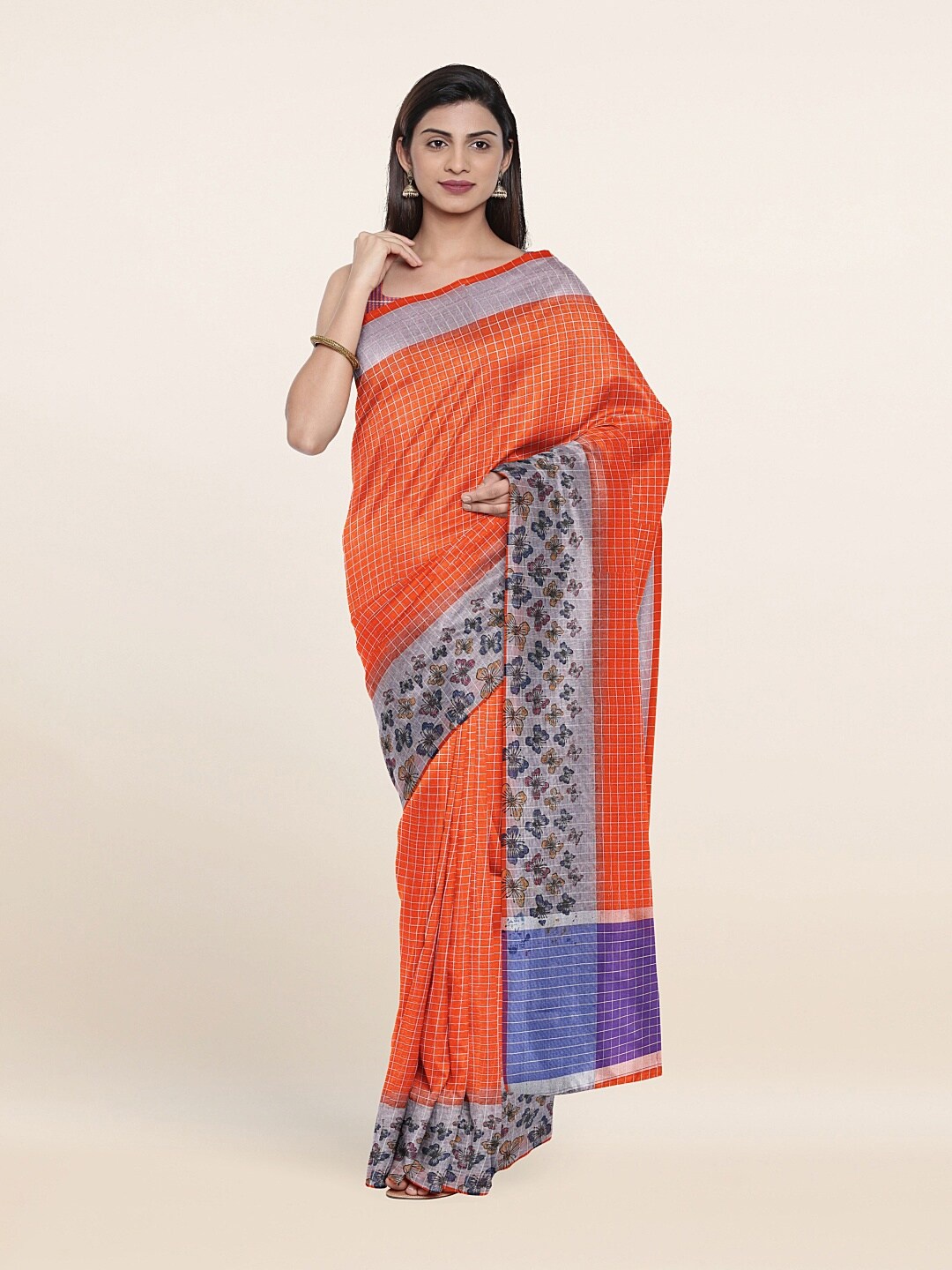 Pothys Orange & Purple Checked Saree