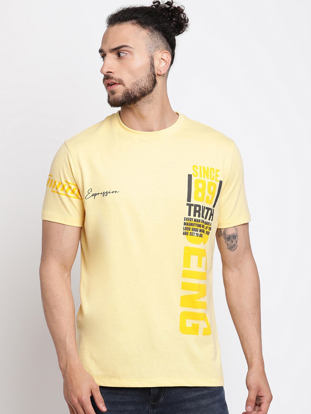 Cantabil Men Yellow & Black Printed Cotton Round Neck T-shirt