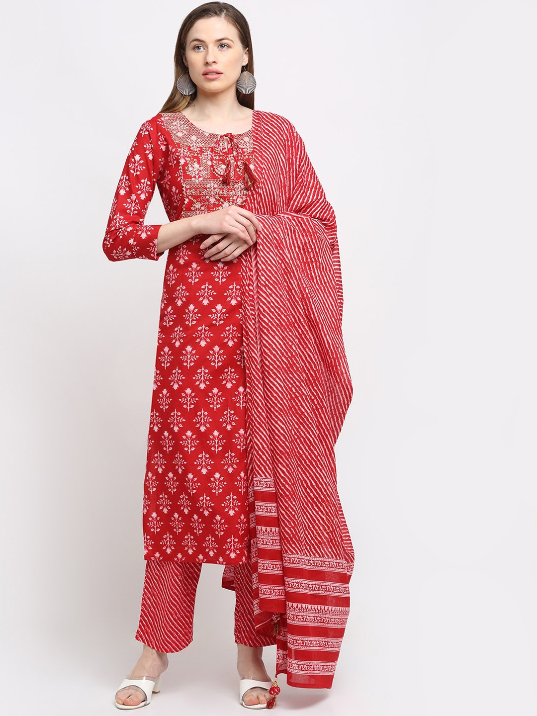 KALINI Women Red Floral Printed Pure Cotton Kurta with Trousers & With Dupatta
KALINI Women Red Floral Printed Pure Cotton Kurta with Trousers & With Dupatta