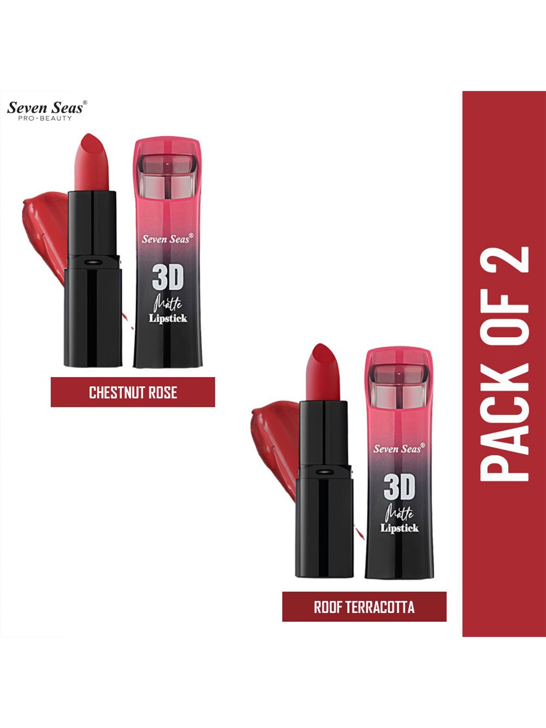 Seven Seas Set of 2 3D Matte Lipsticks 3.8 g Each - Chestnut Rose & Roof Terracotta, Red
Seven Seas Set of 2 3D Matte Lipsticks 3.8 g Each - Chestnut Rose & Roof Terracotta, Red