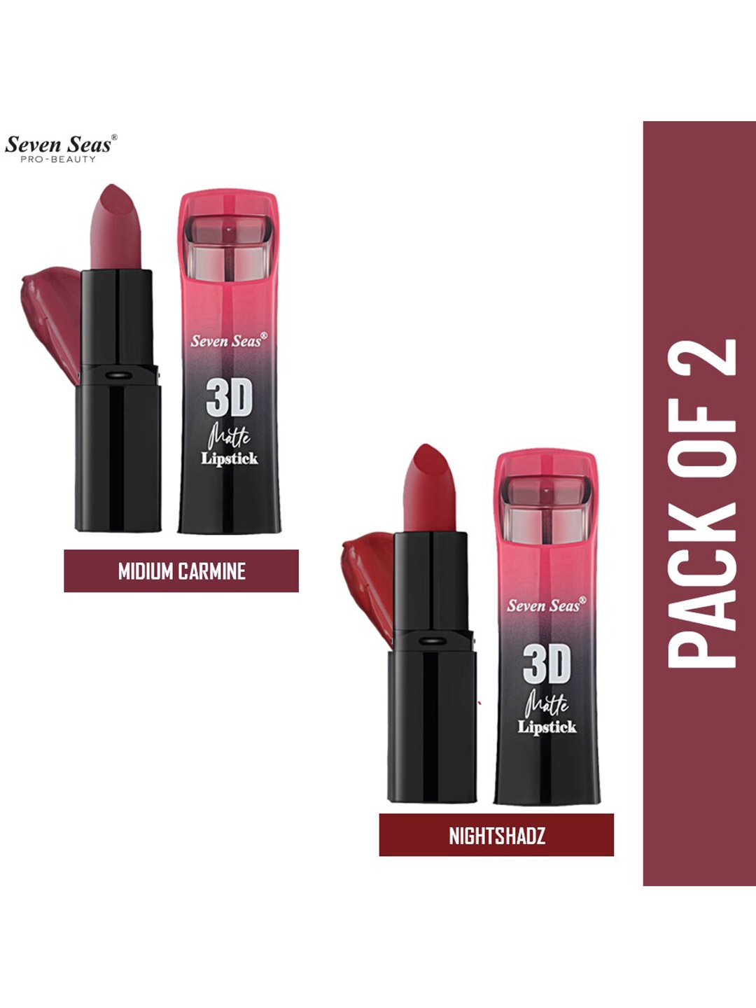 Seven Seas Set of 2 3D Matte Lipsticks 3.8 g Each - Midium Carmine & Nightshadz, Burgundy
Seven Seas Set of 2 3D Matte Lipsticks 3.8 g Each - Midium Carmine & Nightshadz, Burgundy