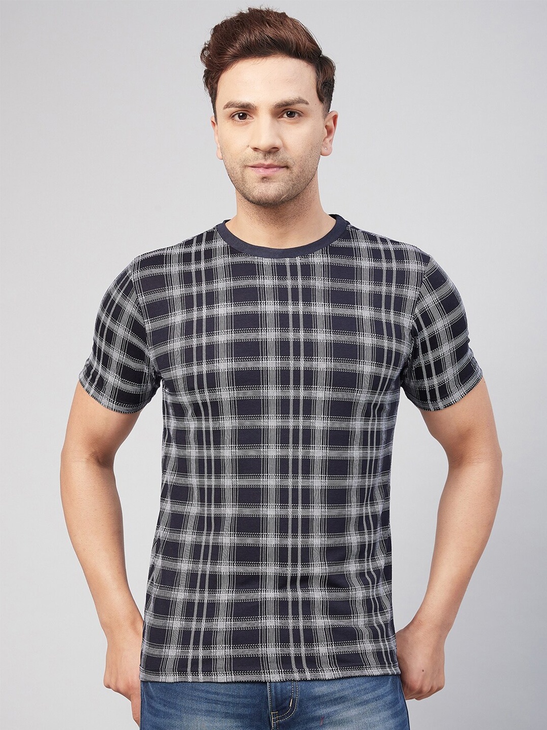 GRITSTONES Men Navy Blue Checked T-shirt