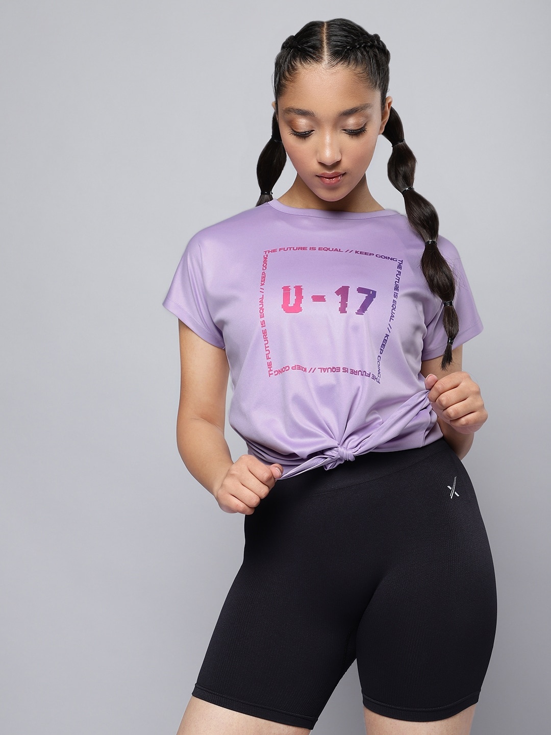 HRX By Hrithik Roshan Active Girls Digital Lavender Rapid-Dry Brand Carrier Tshirts