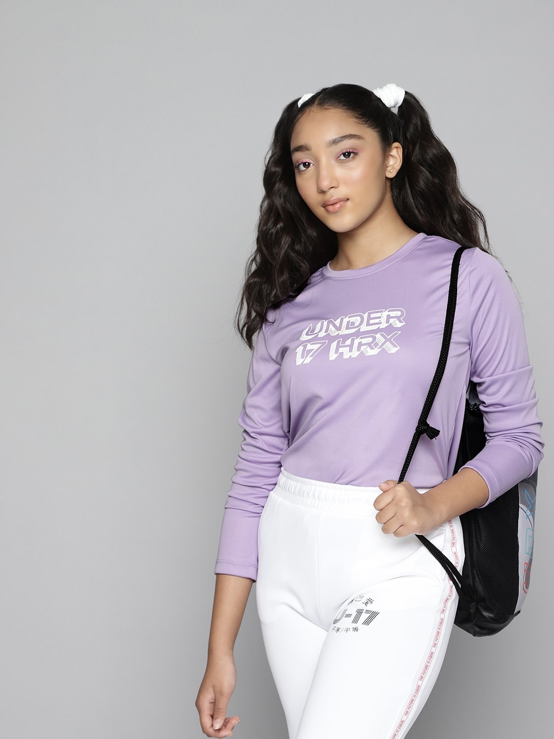HRX By Hrithik Roshan U-17 Girls Digital Lavender Rapid-Dry Brand Carrier Tshirts
