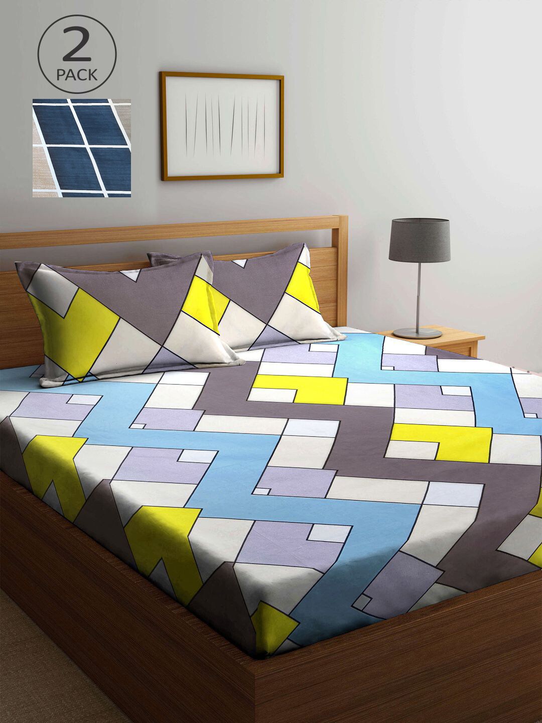KLOTTHE Pack of 2 Yellow & Blue Geometric 210 TC King Bedsheet with 4 Pillow Covers
KLOTTHE Pack of 2 Yellow & Blue Geometric 210 TC King Bedsheet with 4 Pillow Covers