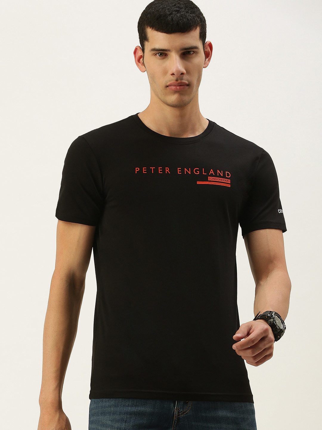 Peter England Men Black Brand Logo Printed T-shirt