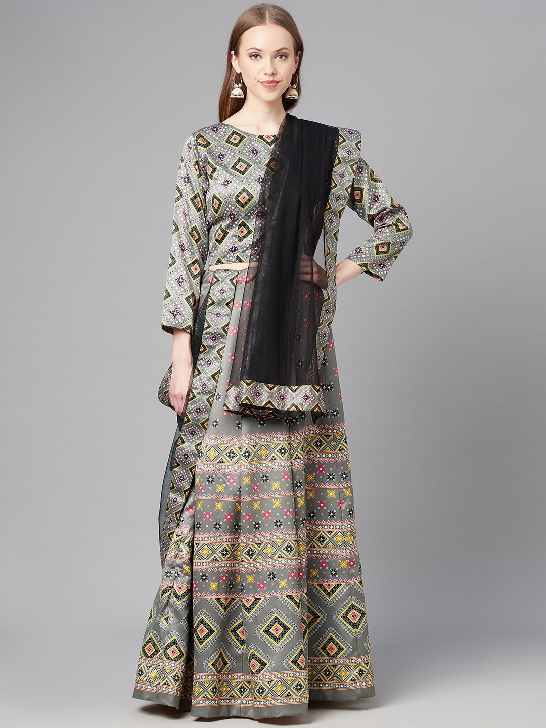 Readiprint Fashions Grey & Black Printed Unstitched Lehenga & Blouse With Dupatta