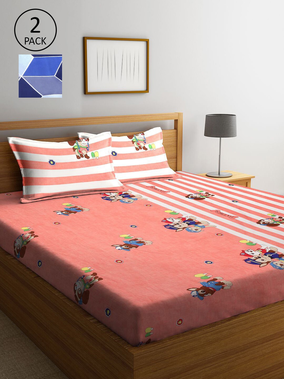 KLOTTHE Peach-Coloured & Blue Cartoon Characters 210 TC 2 King Bedsheet with 4 Pillow Covers
KLOTTHE Peach-Coloured & Blue Cartoon Characters 210 TC 2 King Bedsheet with 4 Pillow Covers