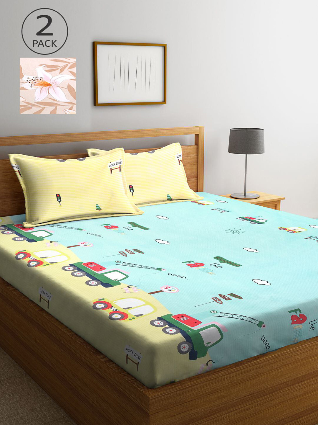 KLOTTHE Blue & Beige Cartoon Characters 210 TC 2 King Bedsheet with 4 Pillow Covers