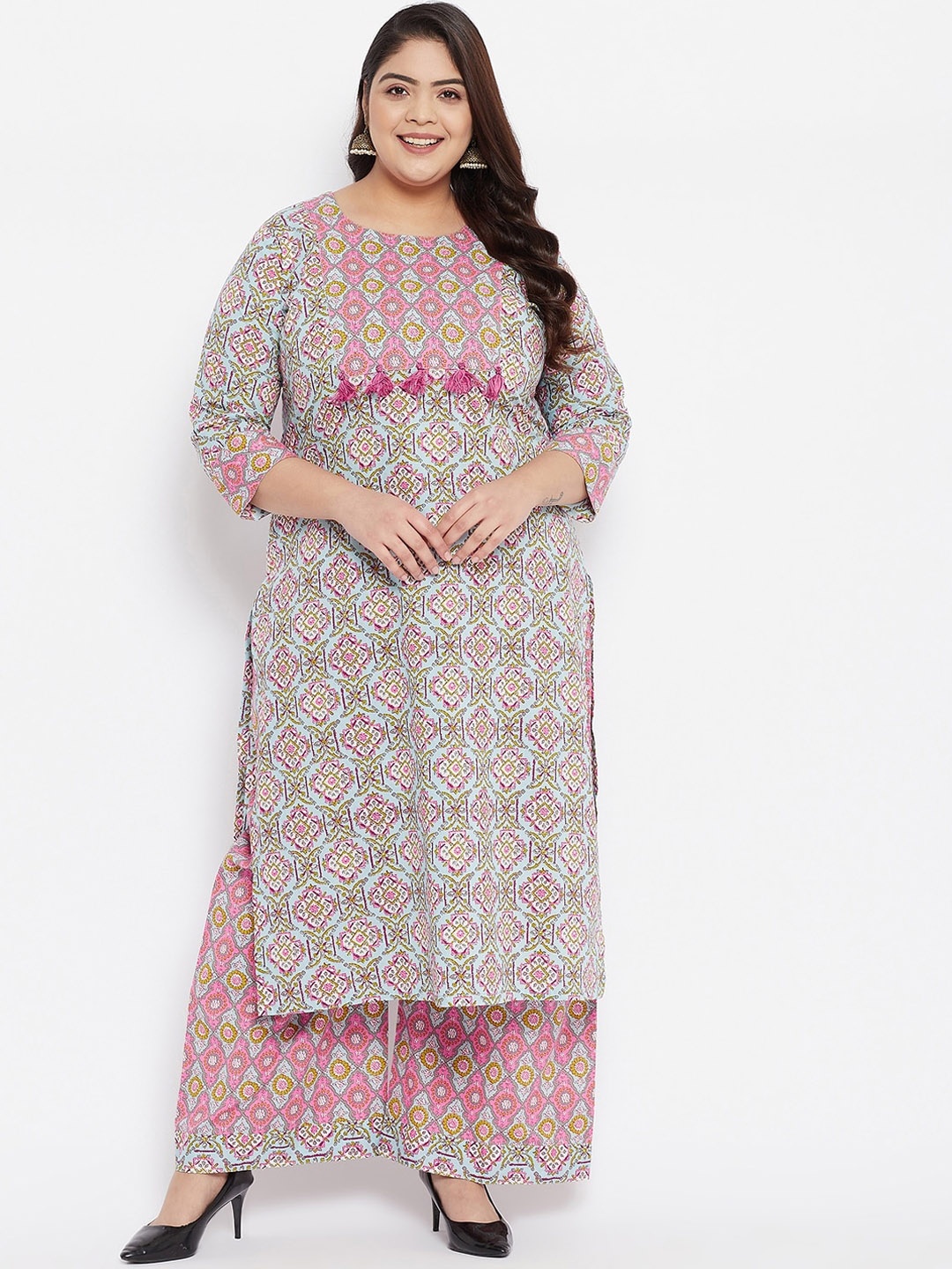 Tissu Women Plus Size Blue & Pink Ethnic Motifs Printed Pure Cotton Kurta with Palazzos
Tissu Women Plus Size Blue & Pink Ethnic Motifs Printed Pure Cotton Kurta with Palazzos
