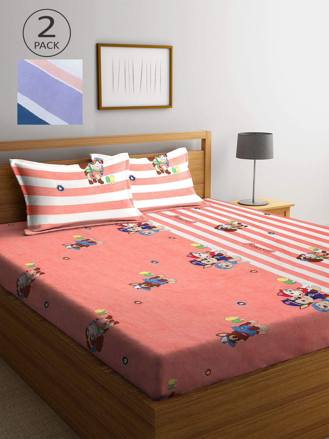 KLOTTHE Peach-Coloured & Blue Cartoon Characters 210 TC 2 King Bedsheet with 4 Pillow Covers
KLOTTHE Peach-Coloured & Blue Cartoon Characters 210 TC 2 King Bedsheet with 4 Pillow Covers