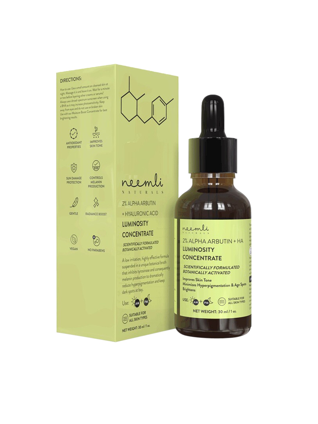 Neemli Naturals 2% Alpha Arbutin + Hyaluronic Acid Luminosity Concentrate Face Serum- 30ml, Green
Neemli Naturals 2% Alpha Arbutin + Hyaluronic Acid Luminosity Concentrate Face Serum- 30ml, Green