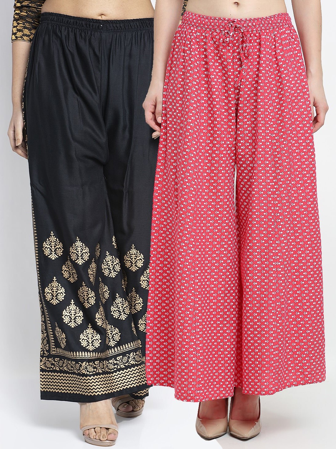 Jinfo Women Pack Of 2 Black & Pink Ethnic Motifs Printed Flared Knitted Ethnic Palazzos
Jinfo Women Pack Of 2 Black & Pink Ethnic Motifs Printed Flared Knitted Ethnic Palazzos