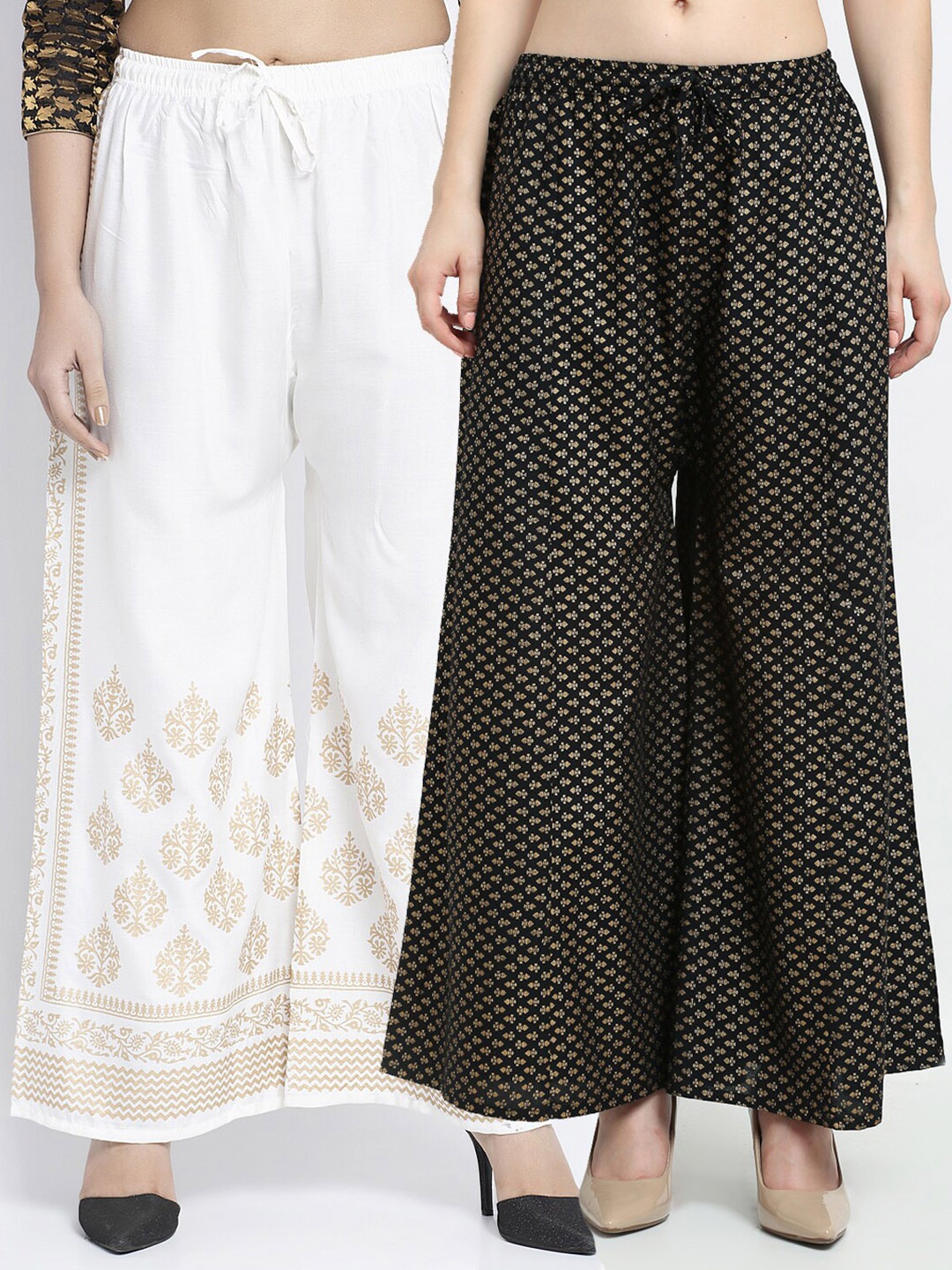 Jinfo Women Off White & Black Pack of 2 Printed Flared Knitted Ethnic Palazzos
Jinfo Women Off White & Black Pack of 2 Printed Flared Knitted Ethnic Palazzos
