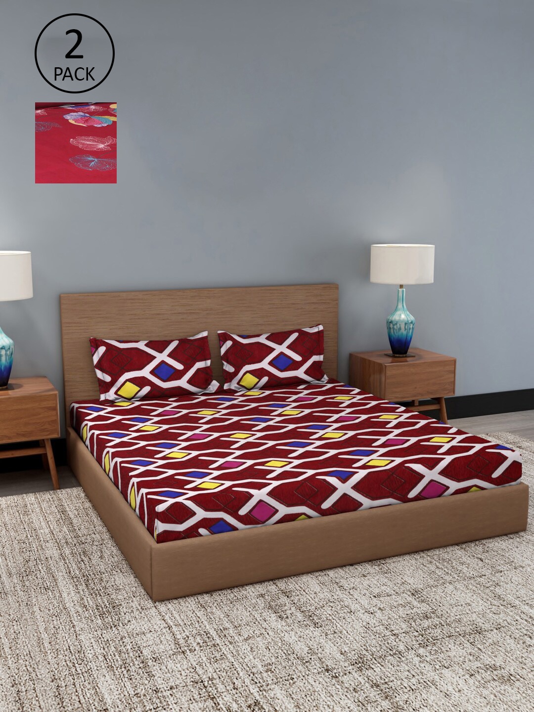 Dhrohar Red & Maroon Floral 180 TC 2 King Bedsheet with 4 Pillow Covers