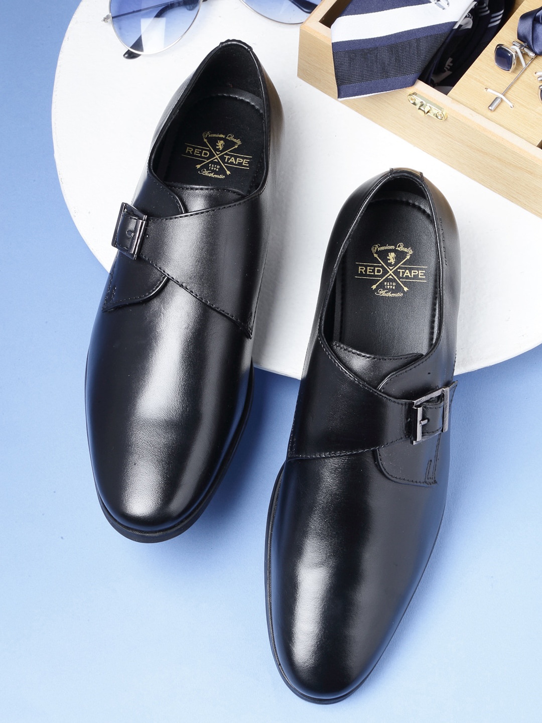 Red Tape Men Black Solid Leather Formal Monks