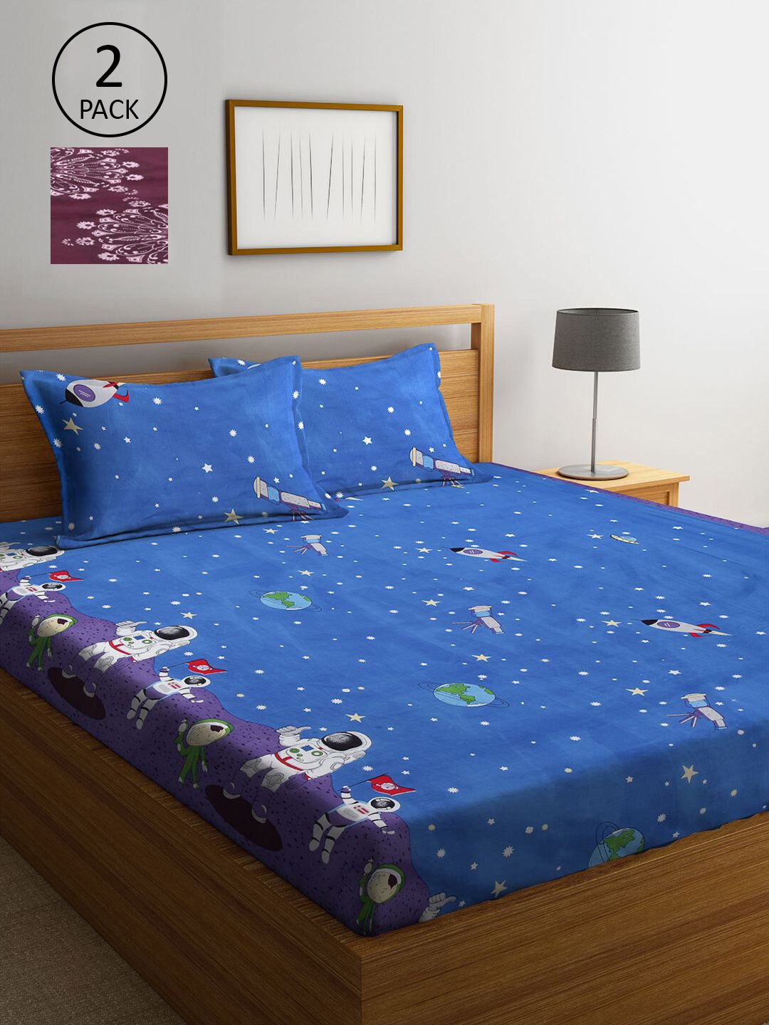 KLOTTHE Blue & Maroon Cartoon Characters 210 TC 2 King Bedsheet with 4 Pillow Covers
KLOTTHE Blue & Maroon Cartoon Characters 210 TC 2 King Bedsheet with 4 Pillow Covers