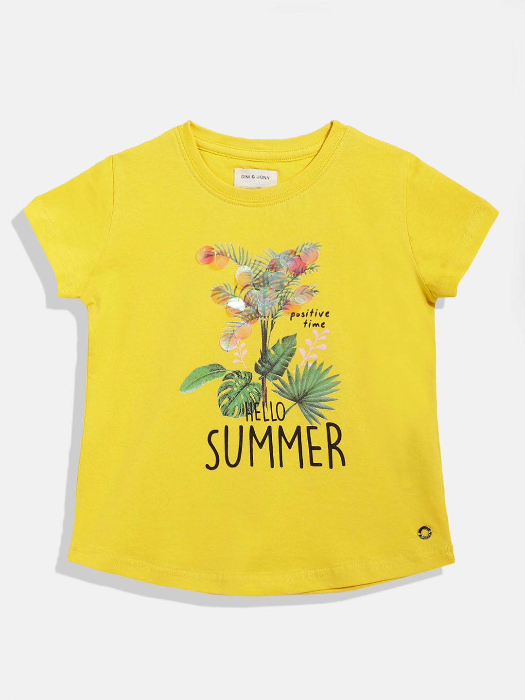 Gini and Jony Girls Mustard Yellow & Green Tropical Printed Sequinned Cotton T-shirt
Gini and Jony Girls Mustard Yellow & Green Tropical Printed Sequinned Cotton T-shirt