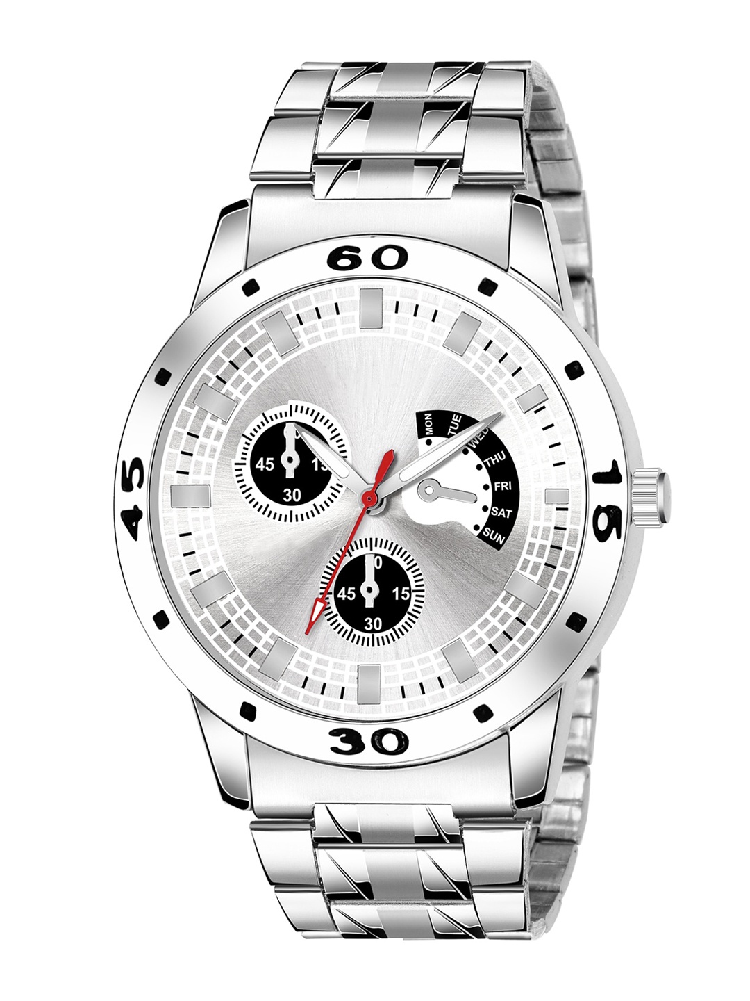 HAPPY KHAJANA Men Silver-Toned Brass Patterned Dial & Silver Toned Stainless Steel Bracelet Style Straps Watch
HAPPY KHAJANA Men Silver-Toned Brass Patterned Dial & Silver Toned Stainless Steel Bracelet Style Straps Watch