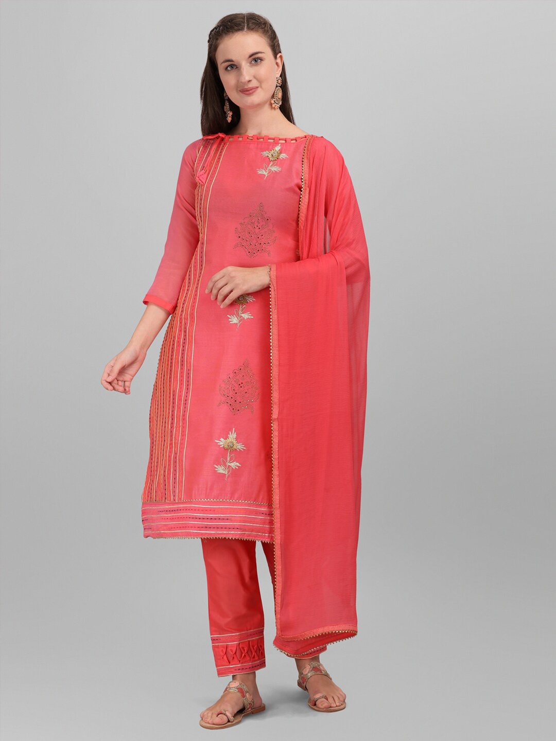 mf Women Coral & Gold-Toned Embellished Unstitched Dress Material