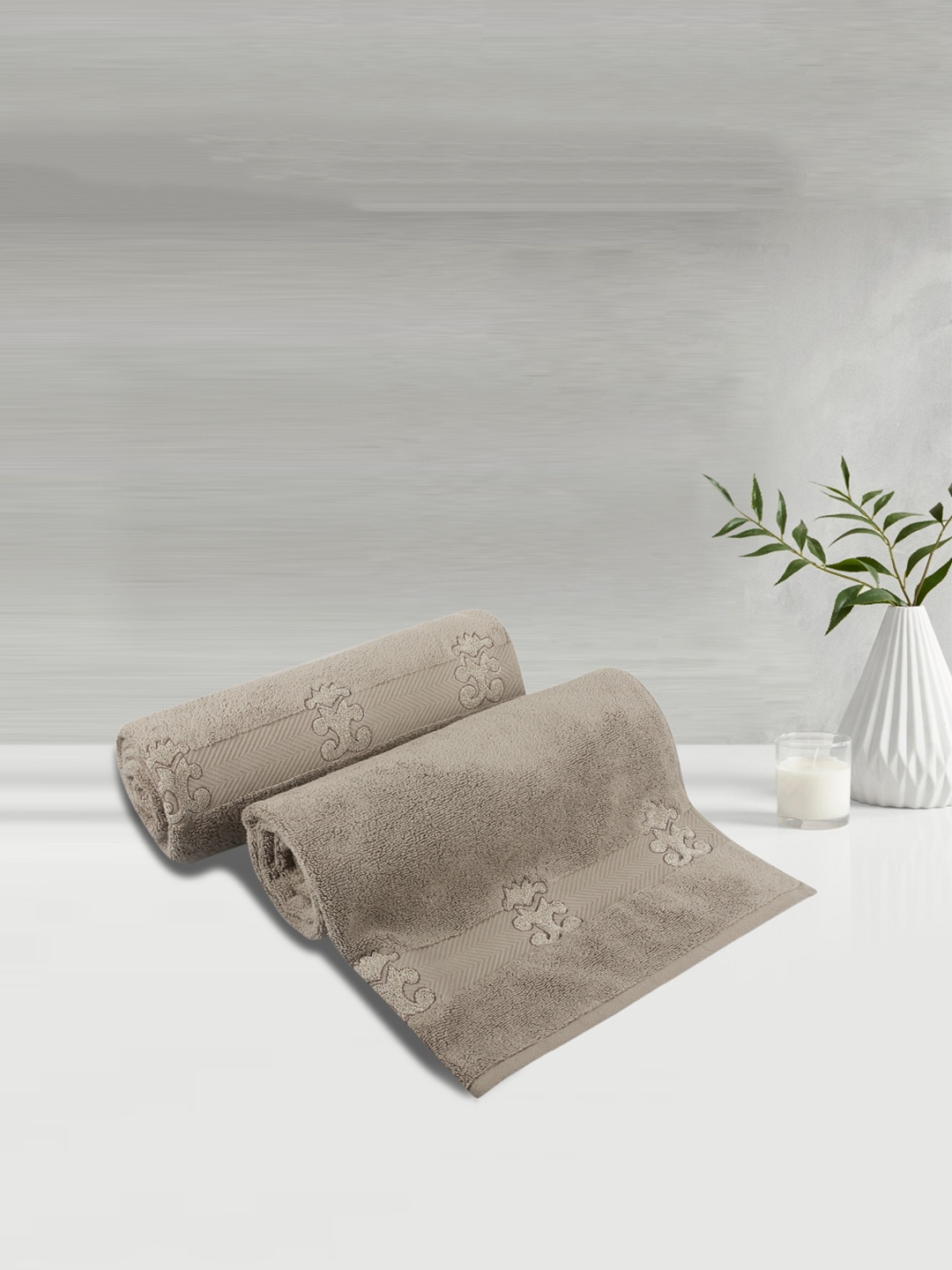 LUSH & BEYOND Set of 2 Beige Printed 500 GSM Pure Cotton Bath Towels