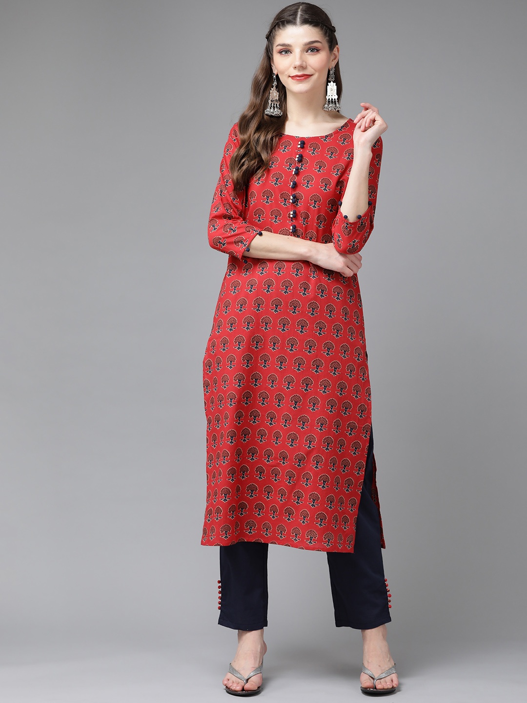 Yufta Women Red & Navy Blue Ethnic Motifs Printed Pure Cotton Kurta with Trousers
Yufta Women Red & Navy Blue Ethnic Motifs Printed Pure Cotton Kurta with Trousers