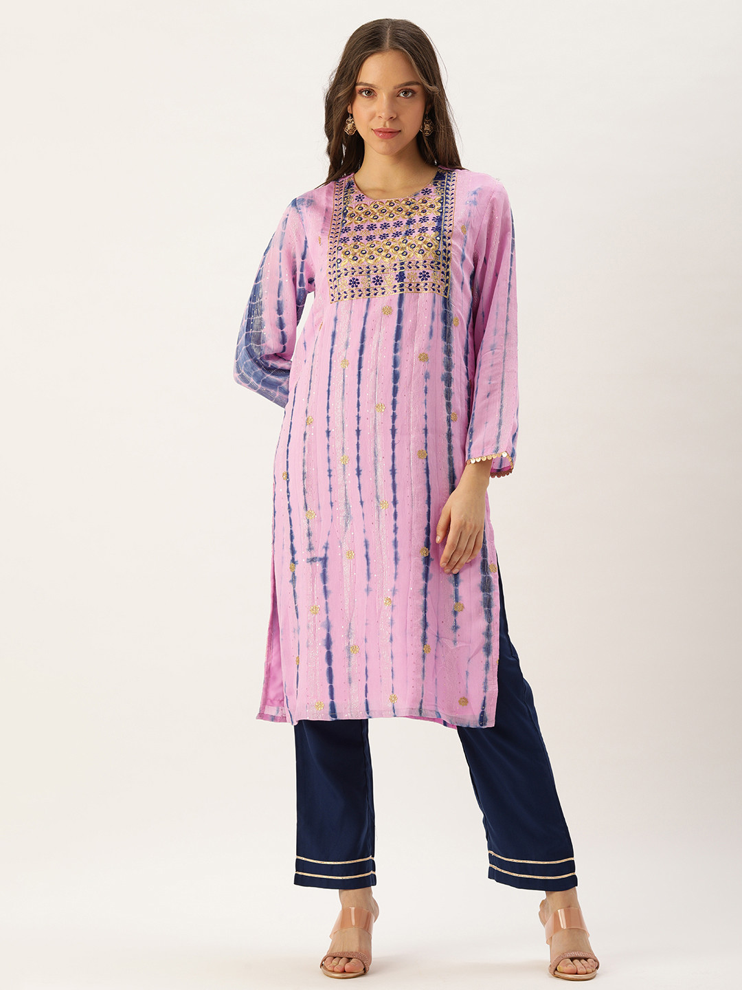 SWAGG INDIA Women Lavender & Navy Blue Dyed Mirror Work Chanderi Silk Kurta with Trousers
SWAGG INDIA Women Lavender & Navy Blue Dyed Mirror Work Chanderi Silk Kurta with Trousers