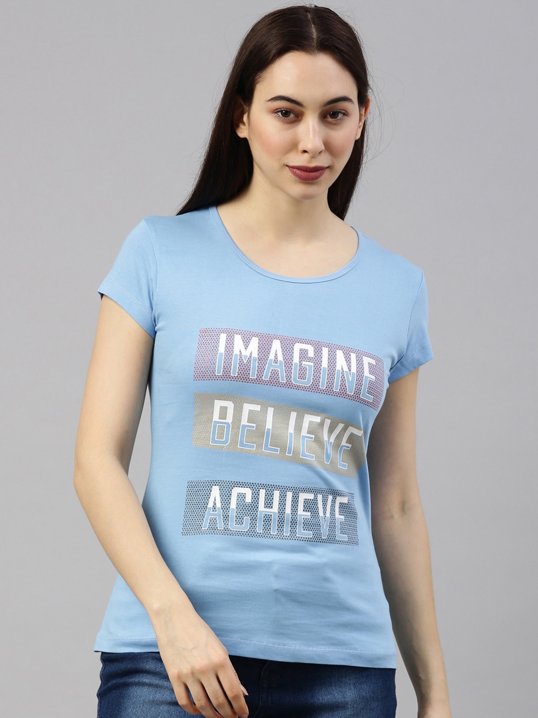 GOLDSTROMS Women Blue Typography Printed T-shirt