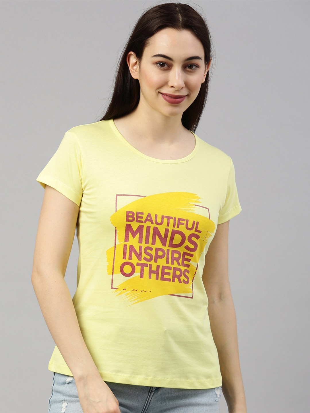 GOLDSTROMS Women Lime Green Typography Printed Cotton T-shirt