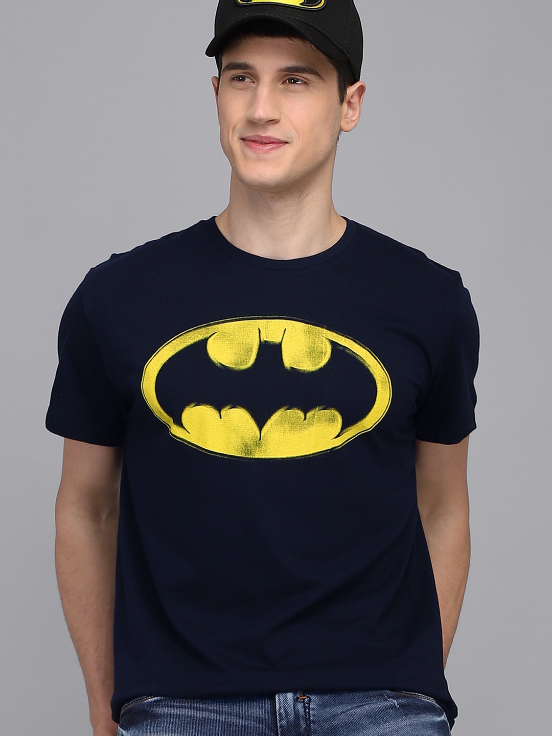 Free Authority Men Navy Blue & Yellow Batman Printed Cotton T-shirt