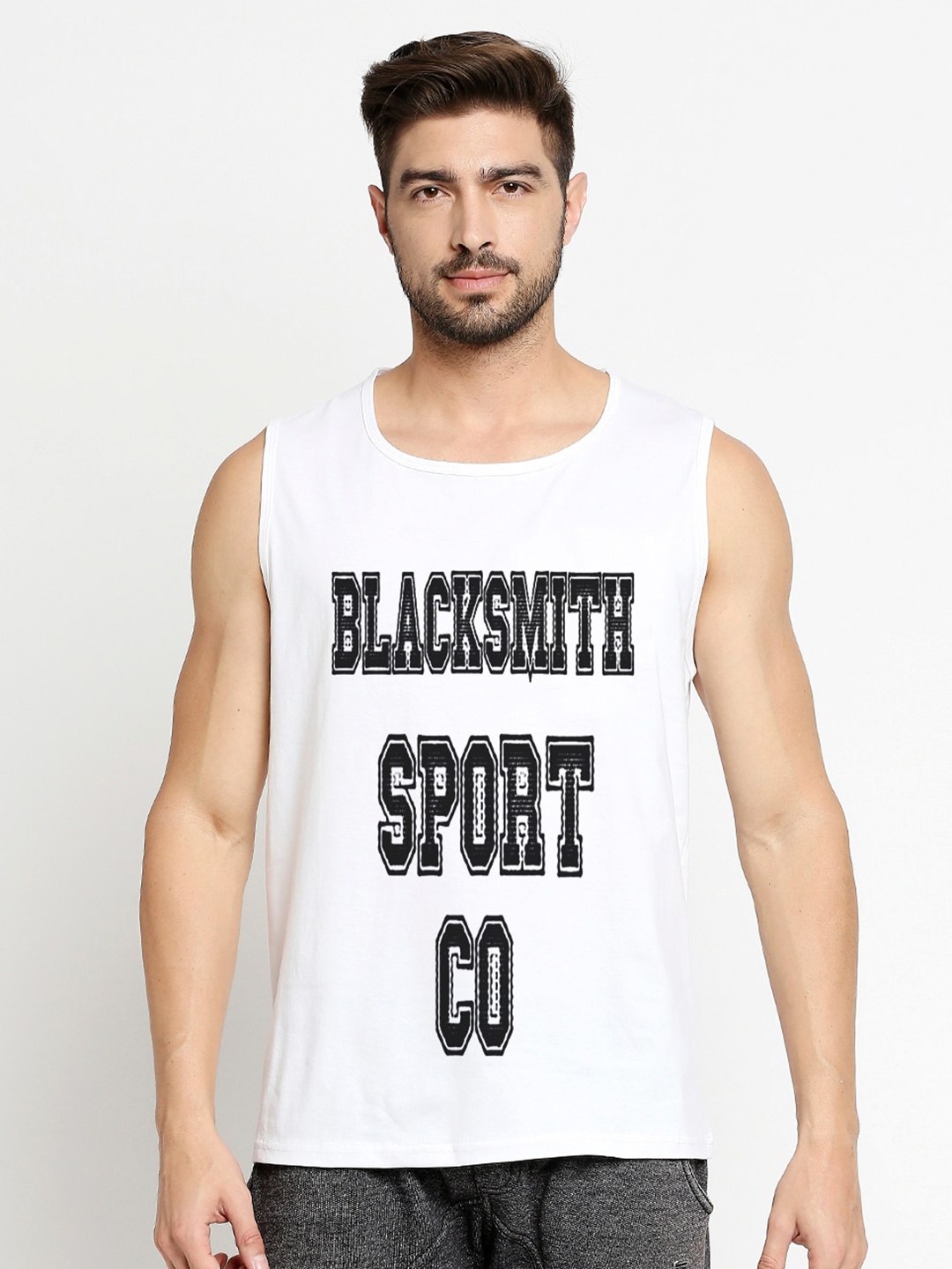 Blacksmith Men White & Black Typography Printed Sleeveless Training or Gym Cotton T-shirt