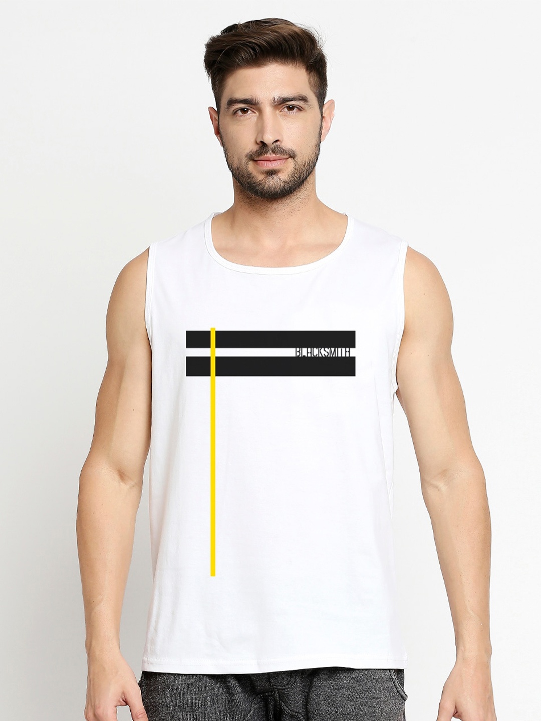 Blacksmith Men White & Black Typography Printed Training or Gym Pure Cotton T-shirt