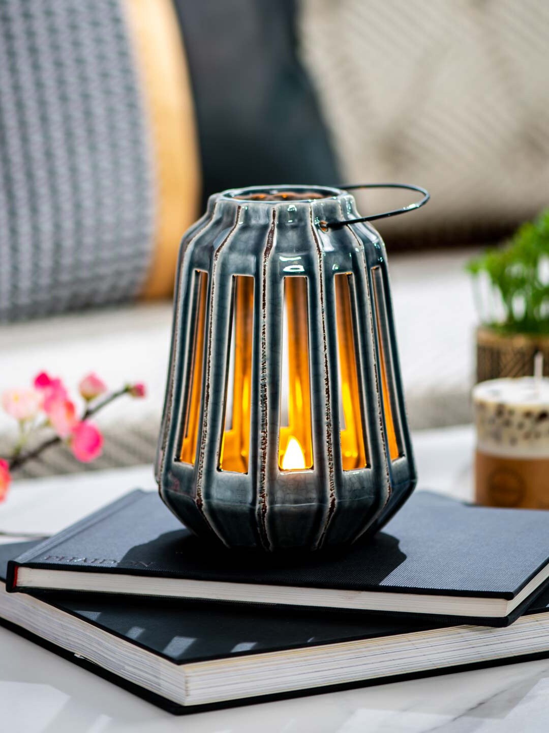 THEDECORKART Grey Patterned Ceramic Lantern Candle Holders