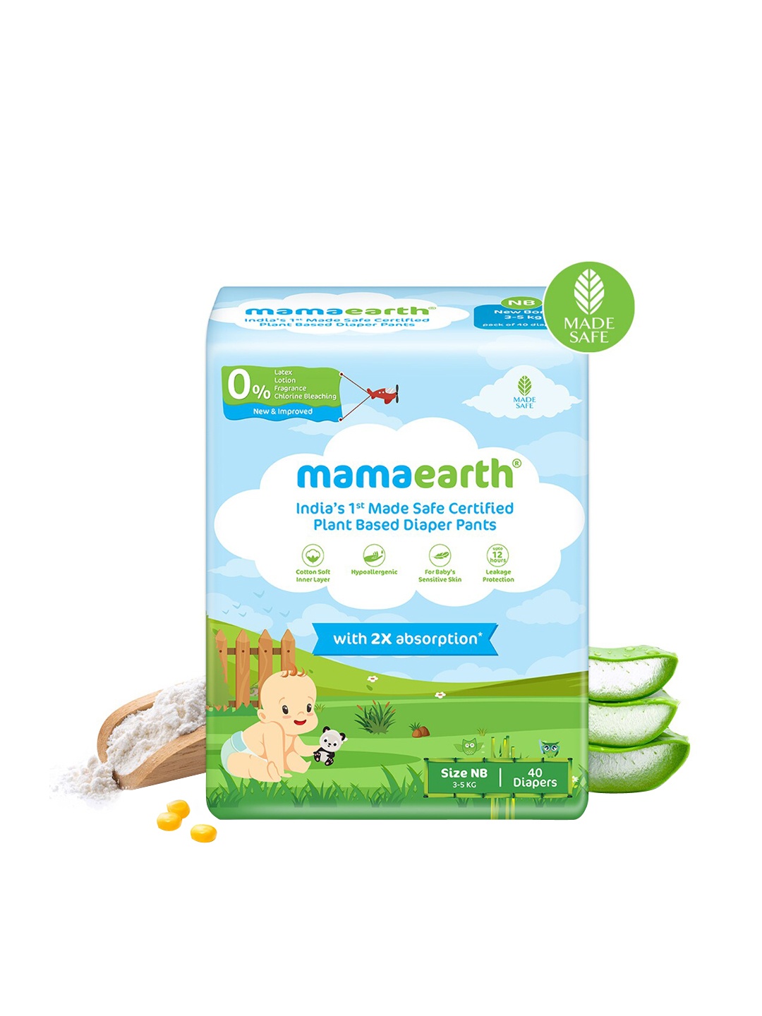 Mamaearth 2X Absorption Size-NB Plant Based Baby Diaper Pants - 40 pcs, White