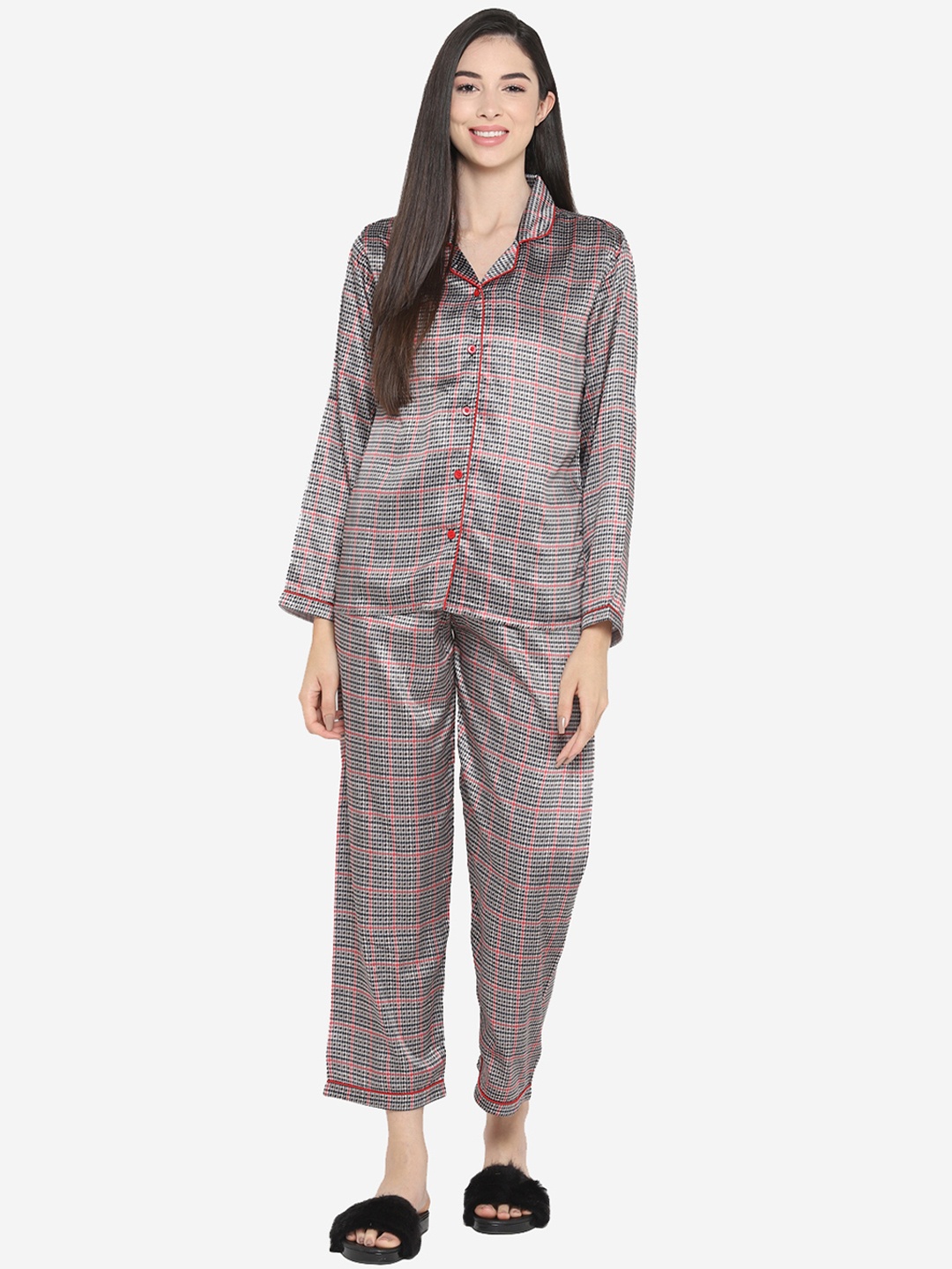 shopbloom Women Black & Red Checked Night suit