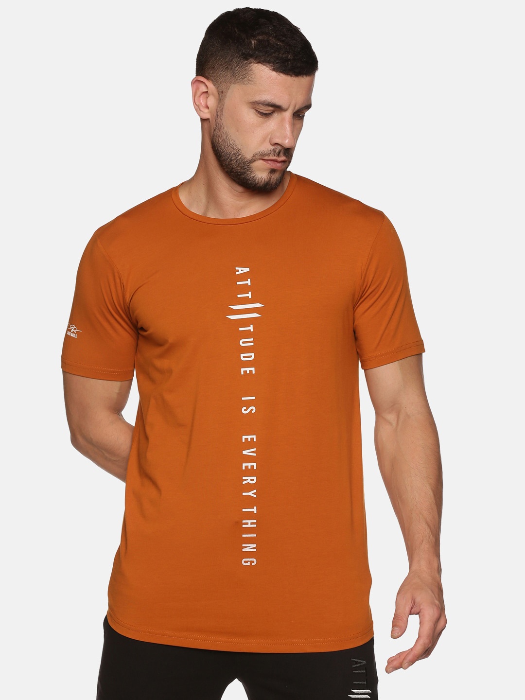 ATTIITUDE Men Rust Typography Printed Dri-FIT Cotton Slim Fit T-shirt