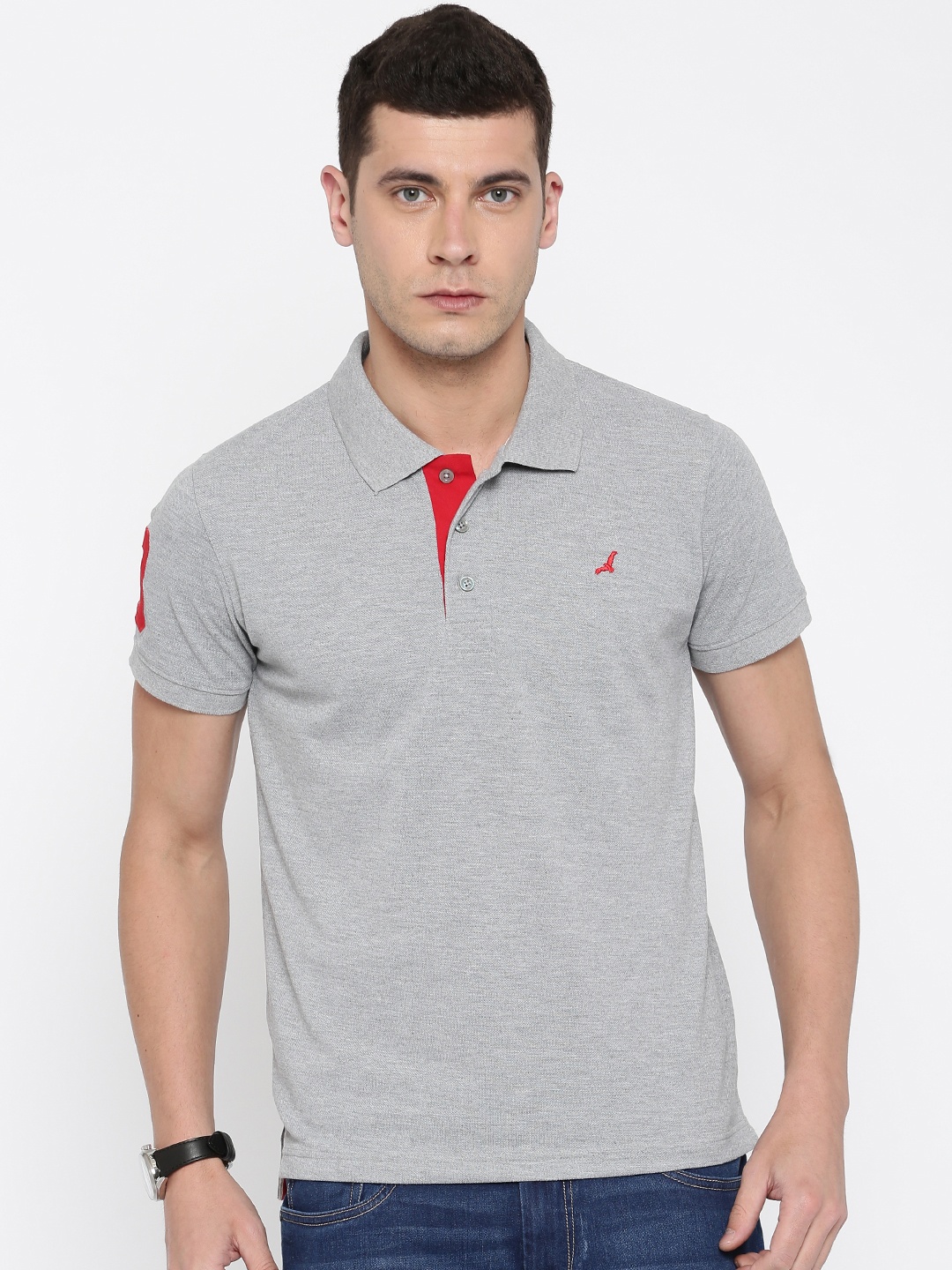 American Crew Men Grey Melange Solid Polo T-shirt